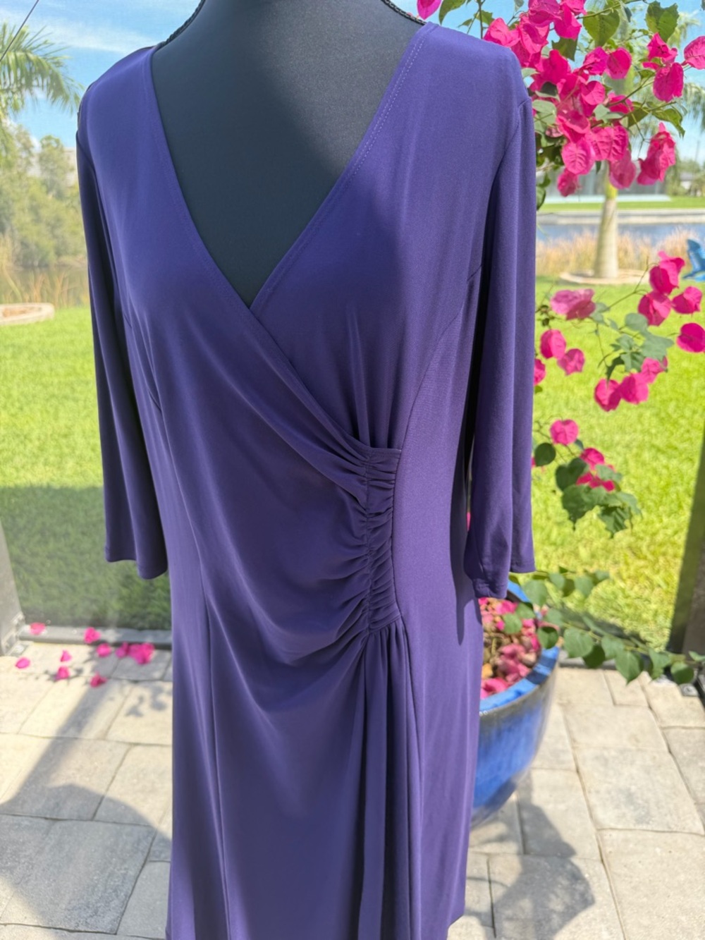 EUC Coldwater Creek Deep Purple Ruched Wrap-Style 3/4 Sleeve Dress, Size PL14-16